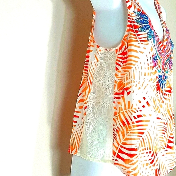 Bliss Couture Tank top Palm Leaf print embroidery white orange pink blue Bright - Picture 7 of 8